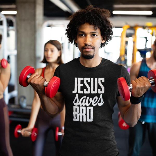 Jesus Saves bro - heather-t-shirt-mockup-of-a-man-training-at-the-gym-40684-r-el2
